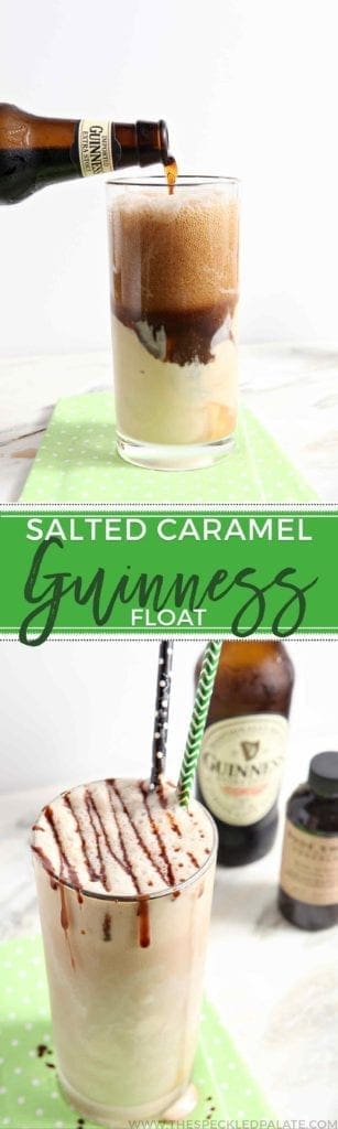 Collage of two images showing a Guinness float at different angles with the text 'salted caramel guinness float'