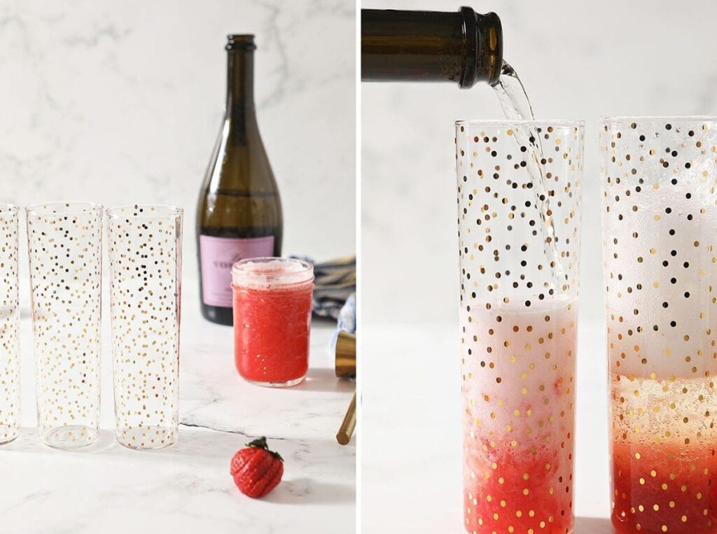 Collage of two images showing how to make strawberry champagne mixed drinks