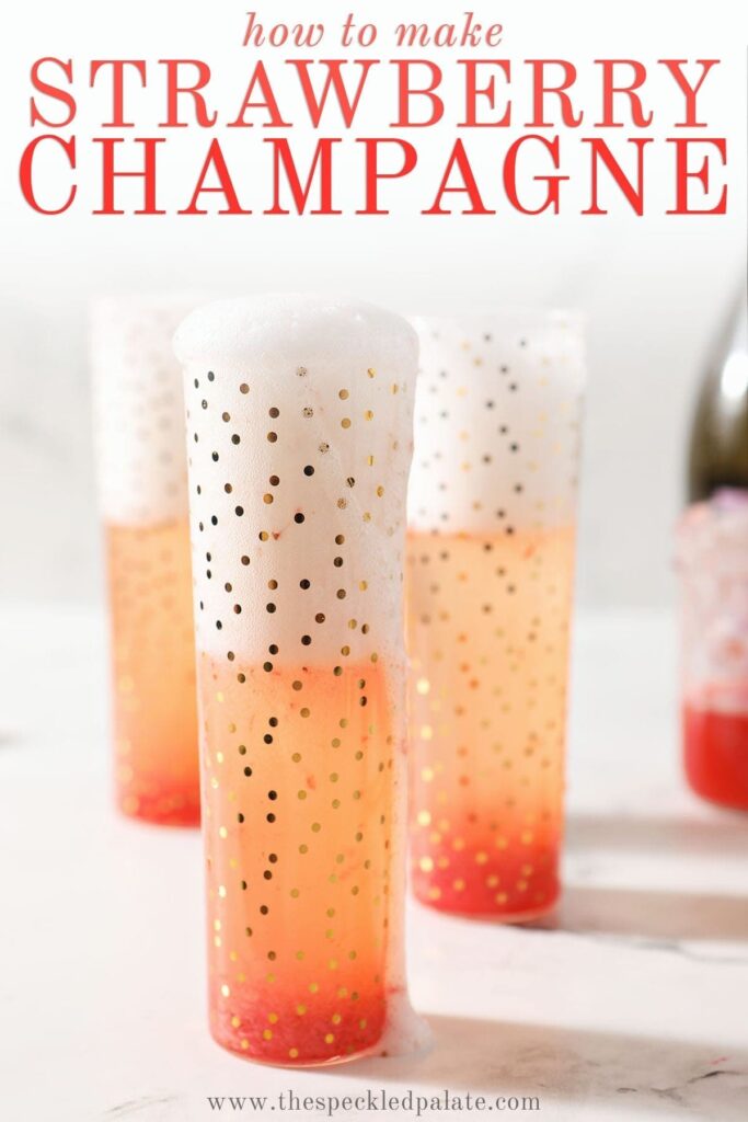 Champagne spills out of a gold leaf champagne flute with the text 'how to make strawberry champagne'