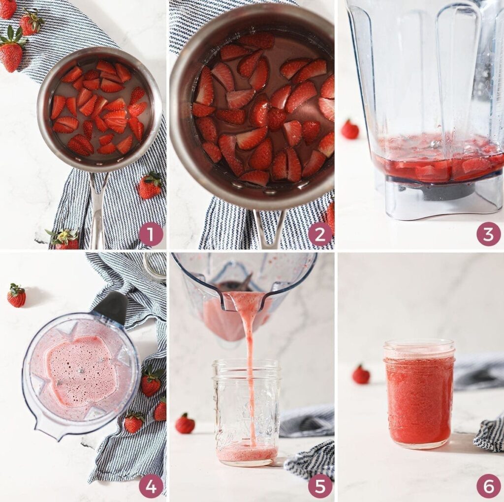 Collage of six images showing how to make strawberry simple syrup