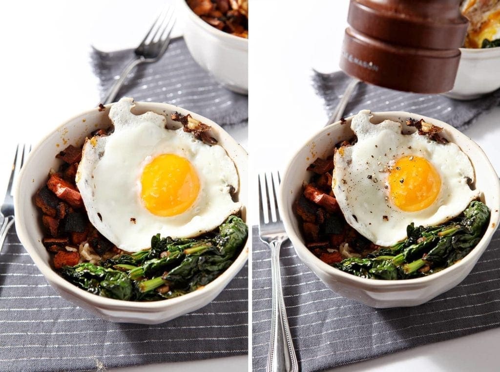 Side by side view of 2 curried veggie rice bowls on linens 