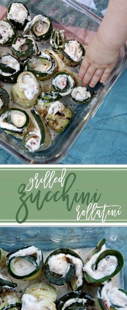 Sliced Grilled Zucchini Rollatini in glass dish 