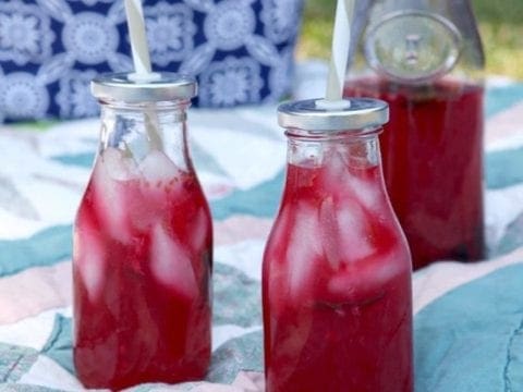Two bottles of Mixed Berry Mint Lemonade on top of picnic blanket