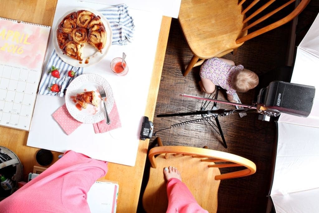 Overhead view of breakfast rolls and behind the scenes look from office