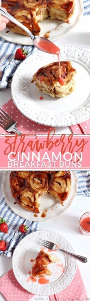 Strawberry Cinnamon Breakfast Buns on white plate with drizzled glaze 