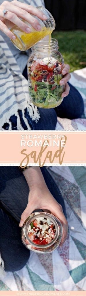 Pinterest collage of a Strawberry Romaine Salad in a Jar, held outdoors at a picnic