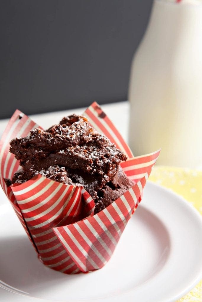 Close up of sweet and spicy chocolate cupcake in wrapper on plate 