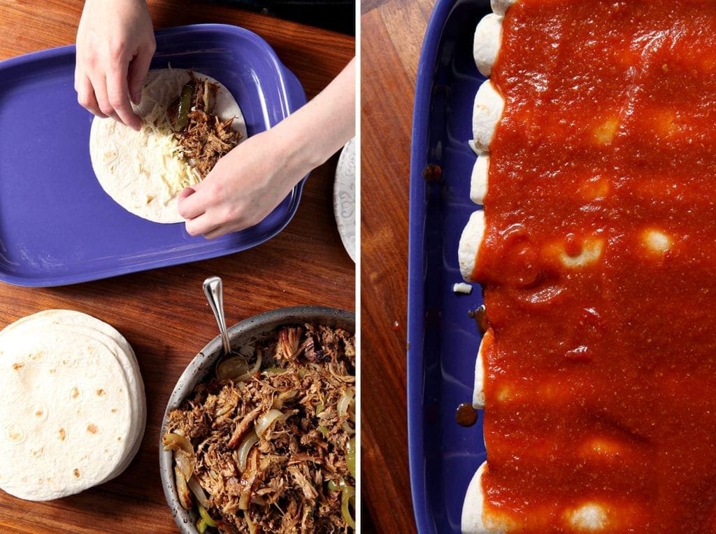 Collage of two images showing how to fill enchiladas with filling and what they look like before baking