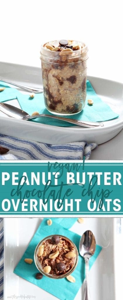 Peanut Butter Chocolate Chips Overnight Oats in glass jar on teal napkin