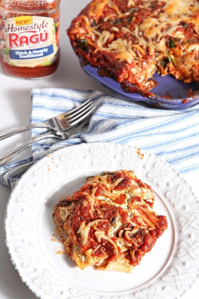 vegetarian spinach lasagna on a white plate