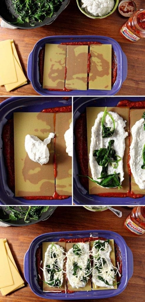 Four step pictures of preparing vegetarian spinach lasagna