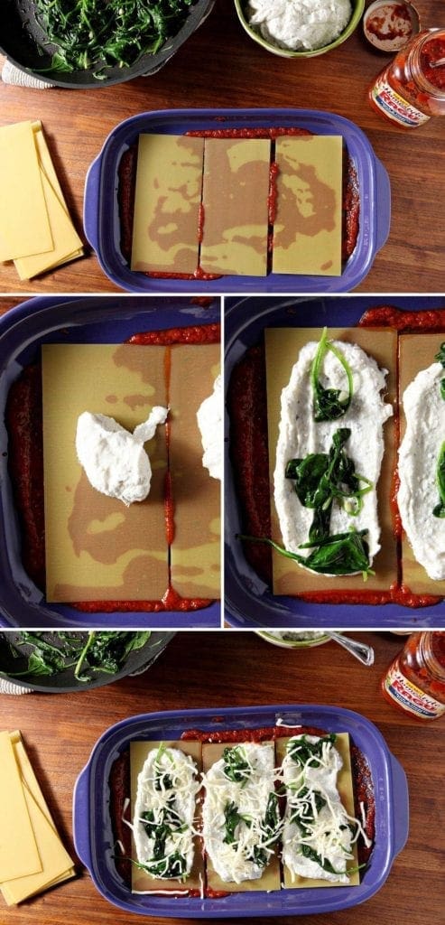 Four step pictures of preparing vegetarian spinach lasagna 