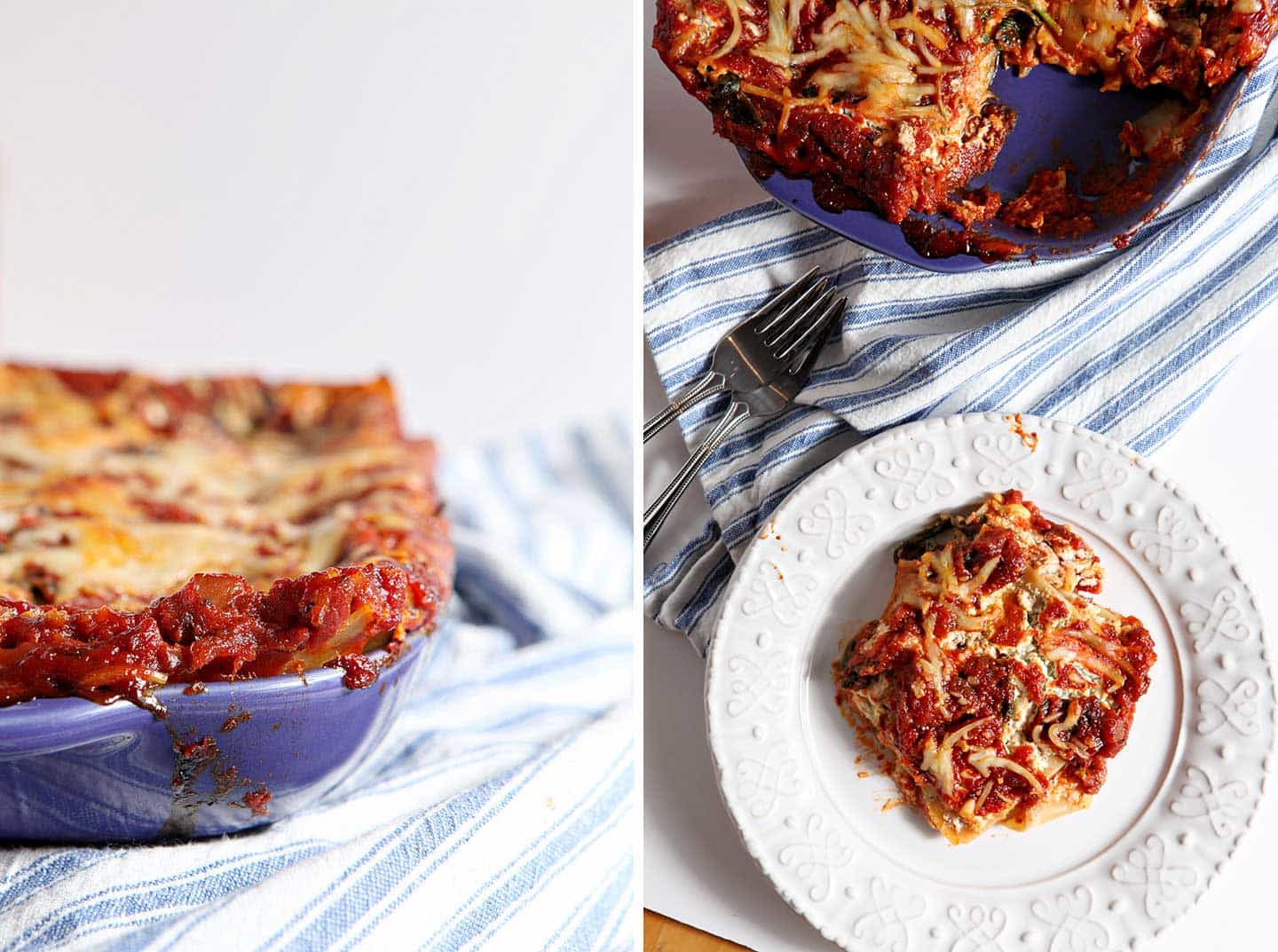 White plate of Vegetarian Spinach Lasagna in front of blue serving dish 