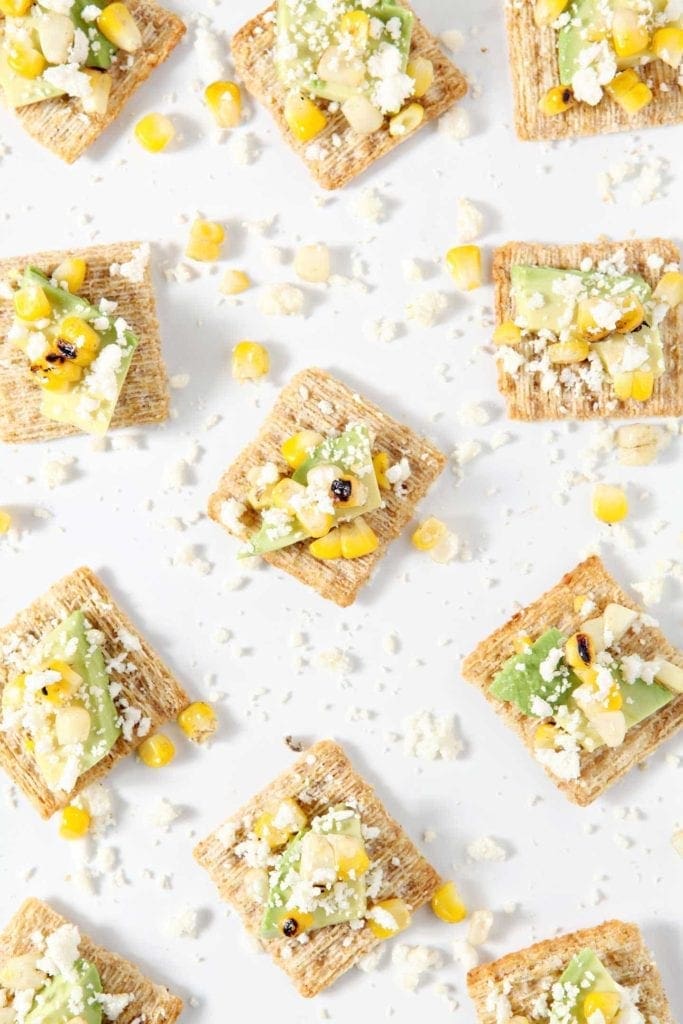 Overhead image of Cotija Corn Avocado TRISCUIT Crackers on a white platter