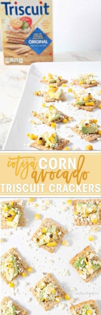 Cotija Corn Avocado TRISCUIT Crackers -- CotijaCornOcadoScuits -- are the perfect summertime appetizer! Corn is boiled in its husk, then grilled for a lovely char. An avocado is sliced. Cotija cheese is crumbled. TRISCUIT Original Crackers are topped with an avocado slice, the corn kernels and the cotija before being devoured. This savory, slightly salty appetizer makes a tasty vegetarian starter for any crowd this season! #ad #TRISCUITSummer