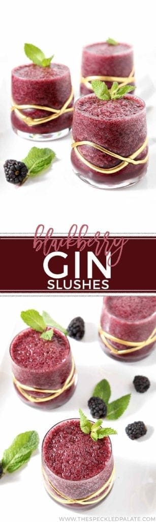 Glasses of blackberry gin slushes garnished with mint and berry 