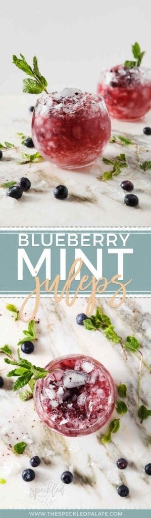 Pinterst collage of images of completed Blueberry Mint Juleps in glasses