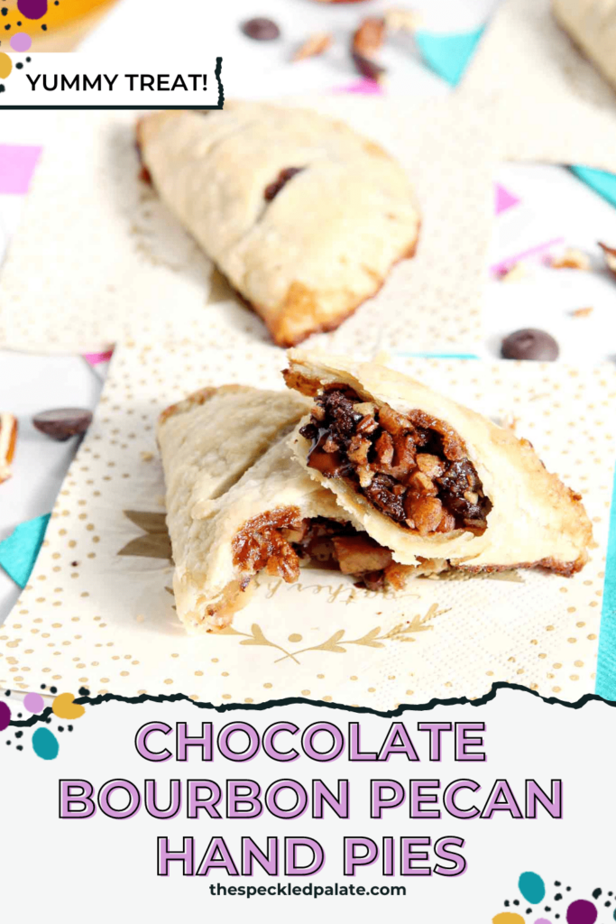 A halved Chocolate Bourbon Pecan Hand Pie on a white platter with the text Chocolate Bourbon Pecan Hand Pies