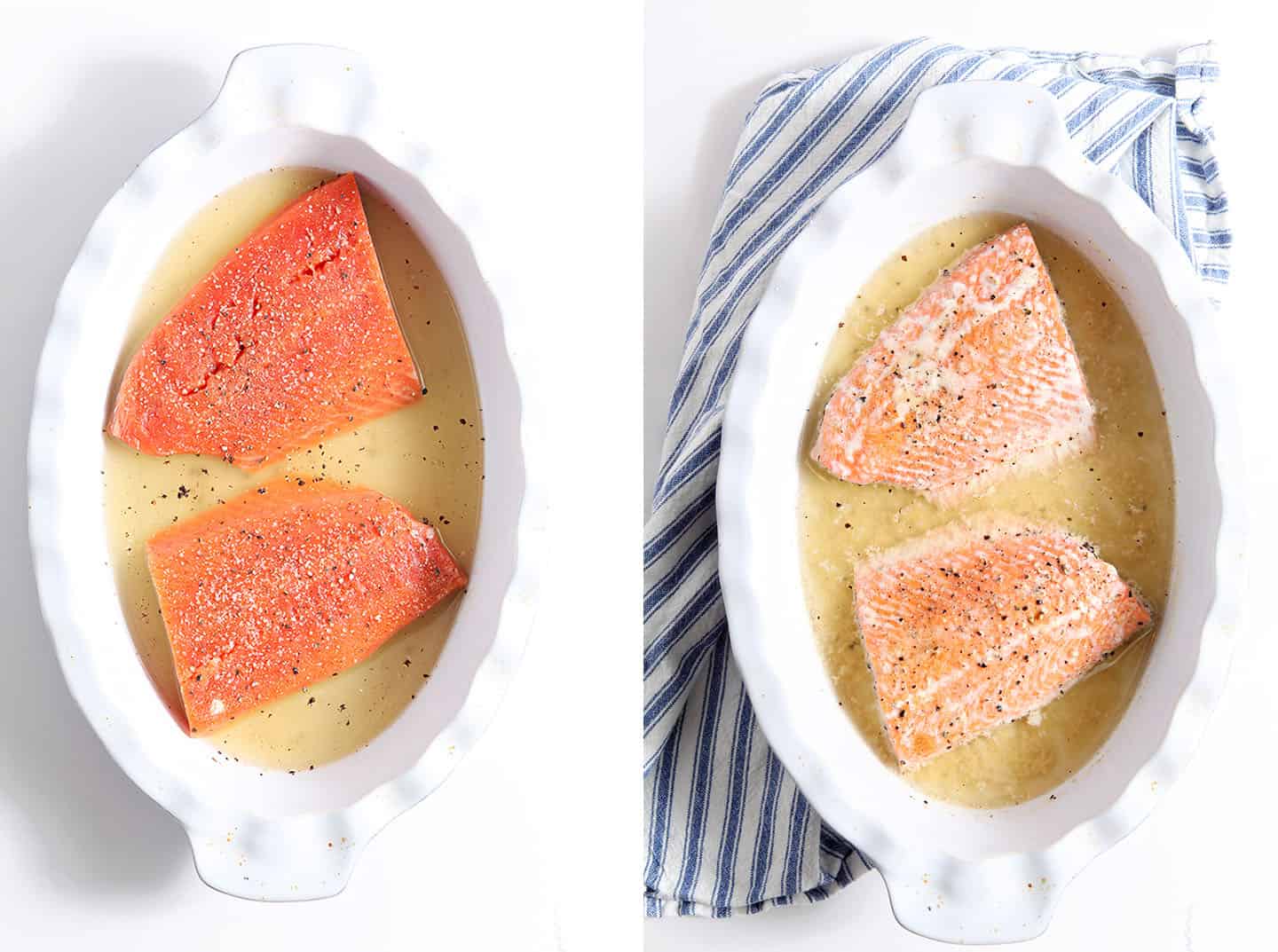 Overhead collage of Oven Poached Salmon before and after baking in a baking sheet