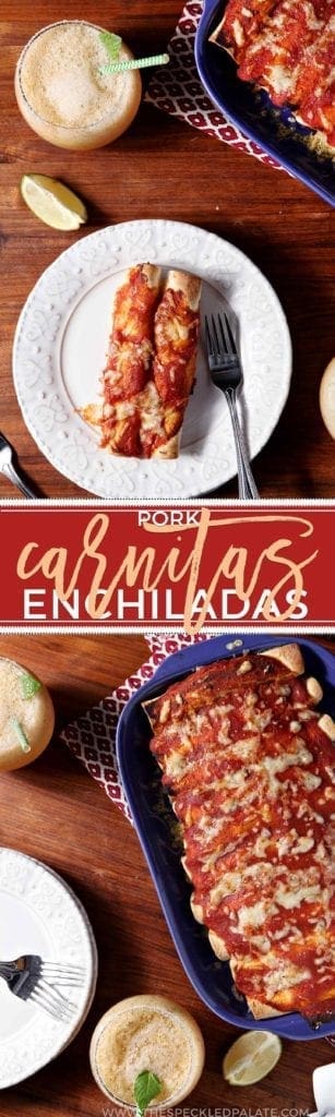 Collage of two images of enchiladas from different angles with the text 'pork carnitas enchiladas'