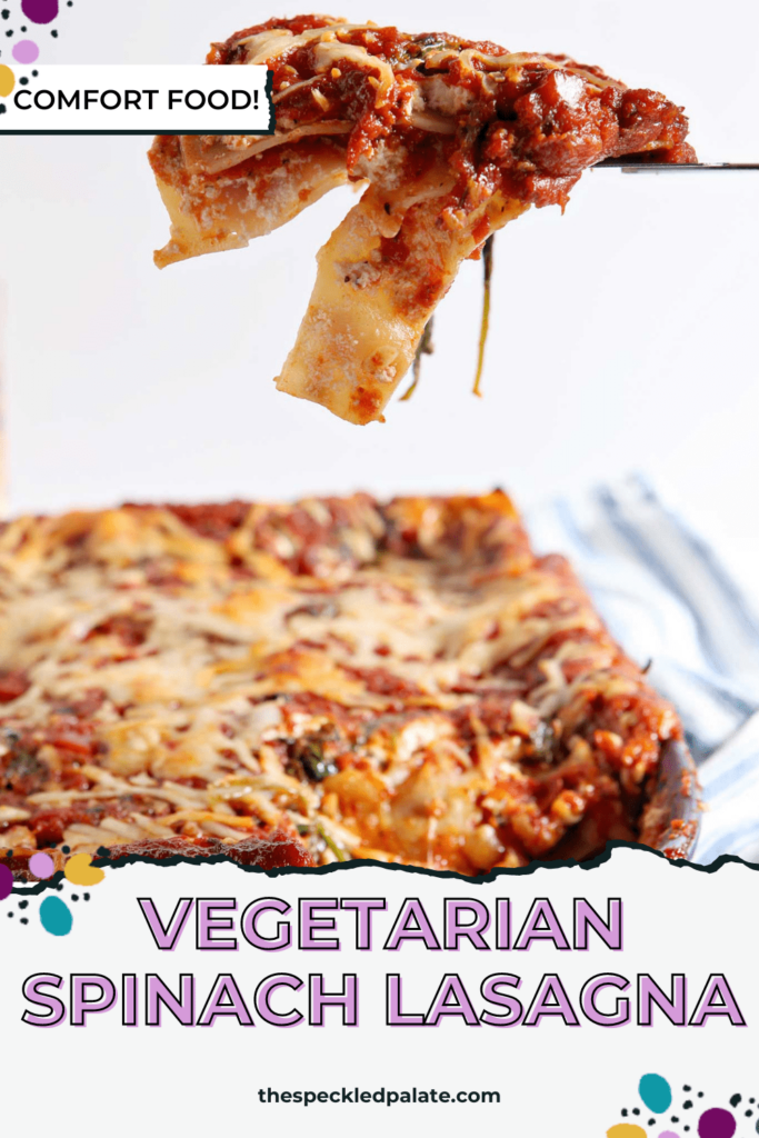 A spatula scoops up Vegetarian Lasagna from blue serving dish with the text vegetarian spinach lasagna