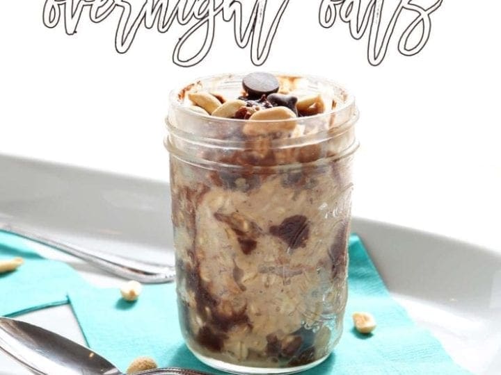 Vegan Peanut Butter Chocolate Chip Overnight Oats make a perfect high protein breakfast for runners and non-runners alike! Peanut butter, cashew milk, rolled oats, a little bit of maple syrup and dark chocolate chips marinate overnight in the refrigerator. This naturally sweetened, easy to make breakfast never looked so good!