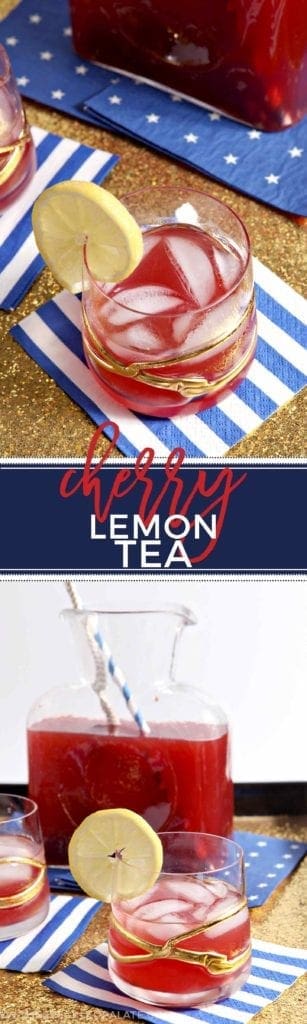 Glass with lemon slice and pitcher of Cherry Lemon Tea 