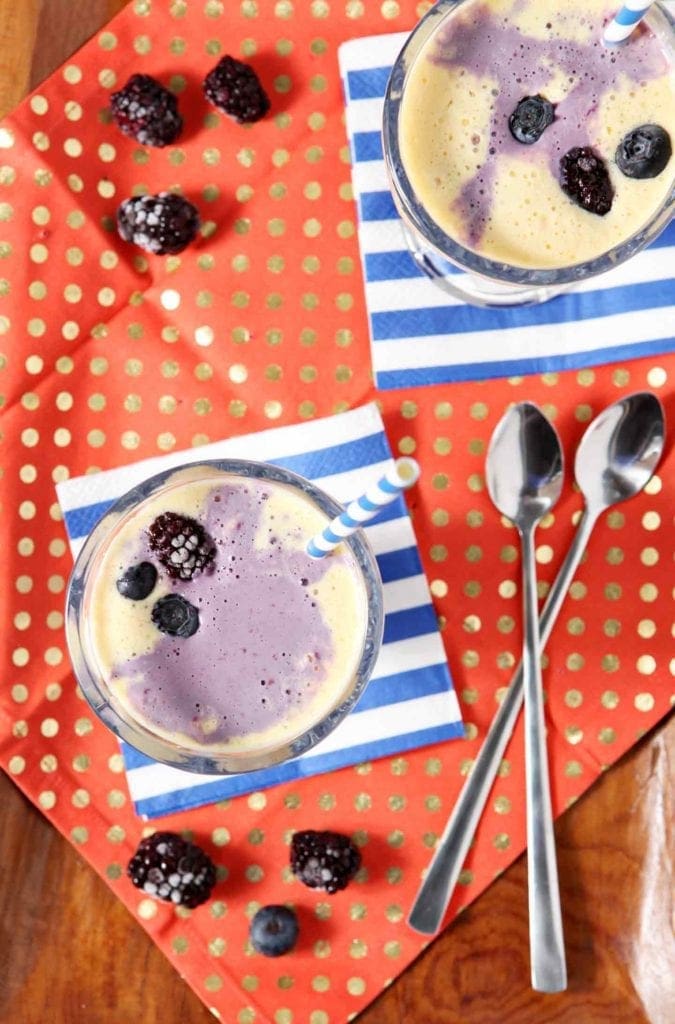 Overhead image of two Pineapple Blackberry Ice Cream Parfaits