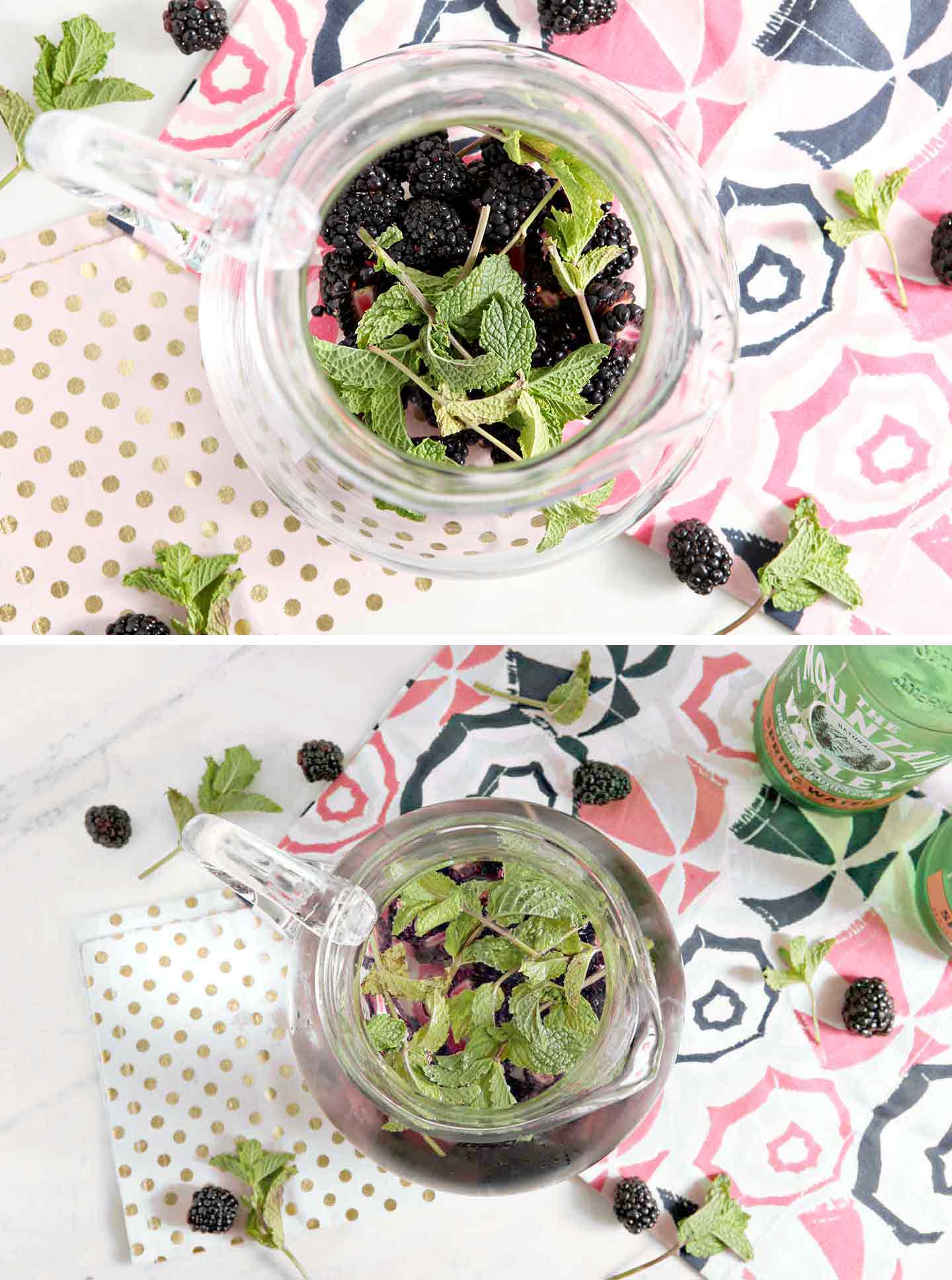 Overhead view of blackberries and mint in water pitcher 