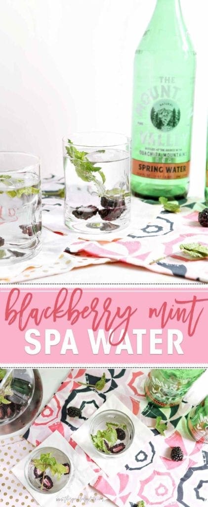 Two glasses of blackberry mint spa water in front of glass water bottle 