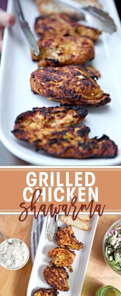 Grilled Chicken Shawarma on white serving dish 