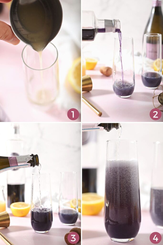 Collage of four images showing how to mix a creme de violette cocktail