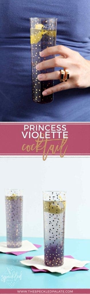 Collage of two images showing champagne flutes of creme de violette cocktails with the text 'princess violette cocktail'