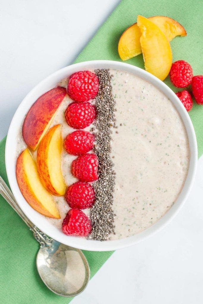 Peach, Raspberry, Spinach Smoothie Bowl from Family Food on the Table