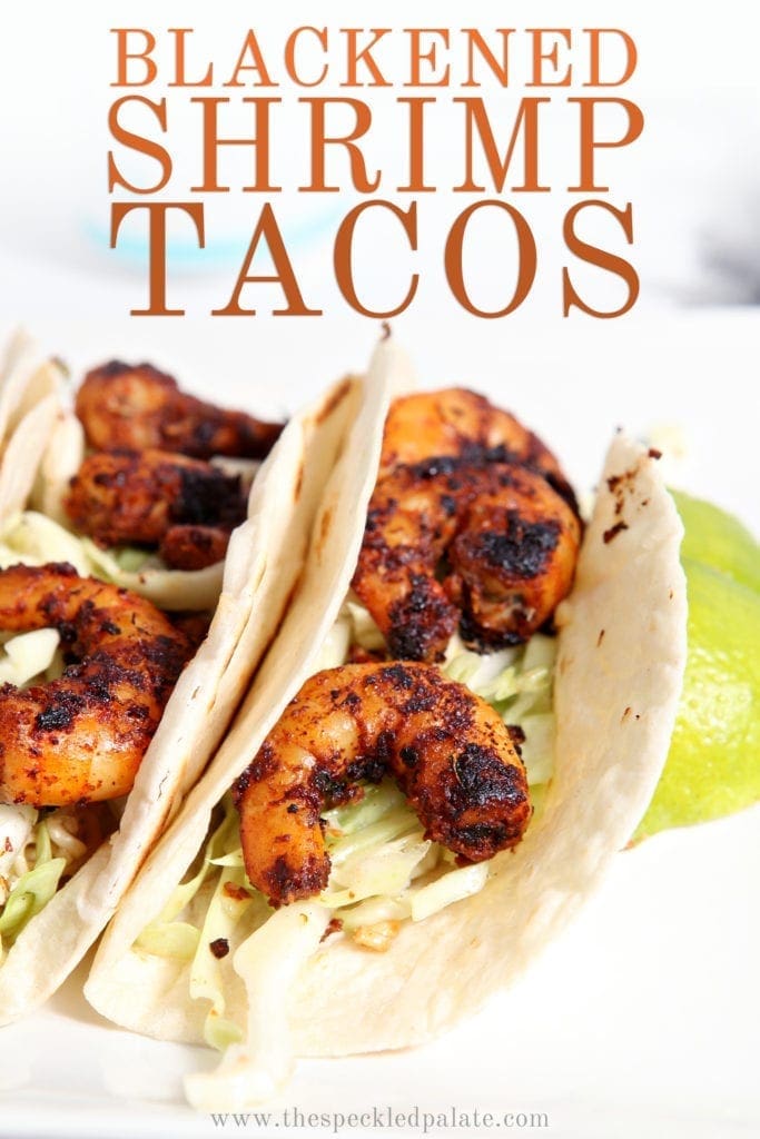 Close up of two Blackened Shrimp Tacos, with Pinterest text