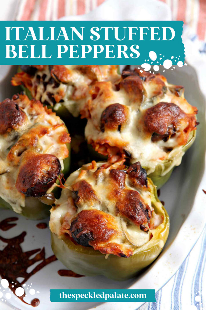 Four cheese-covered baked bell peppers in a casserole dish with the text Italian stuffed bell peppers