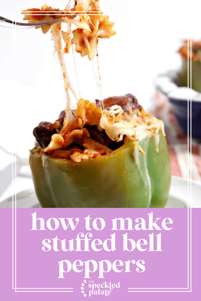 A fork pulls pasta out of a baked bell pepper with the text how to make stuffed bell peppers