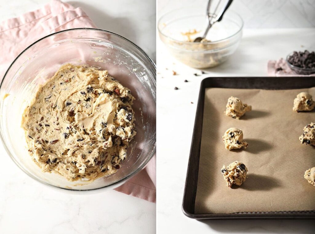 Collage showing cookie dough in a bowl and scoops on a baking sheet