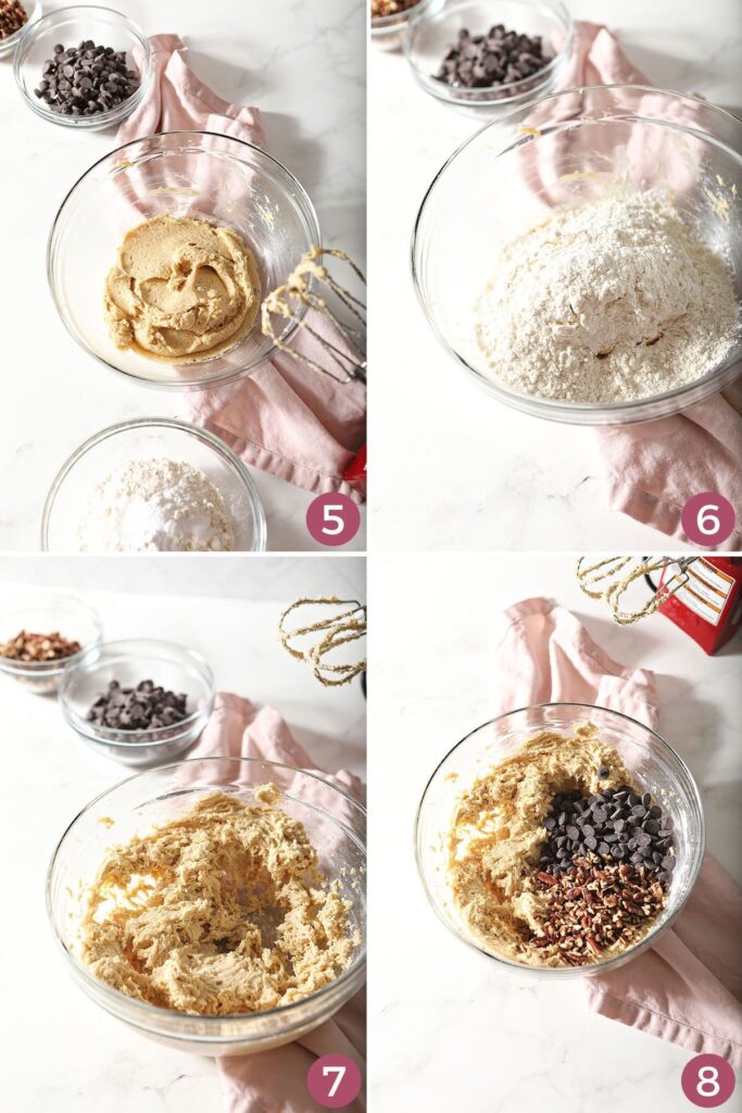 Collage showing how to add dry ingredients to chocolate chip pecan cookies