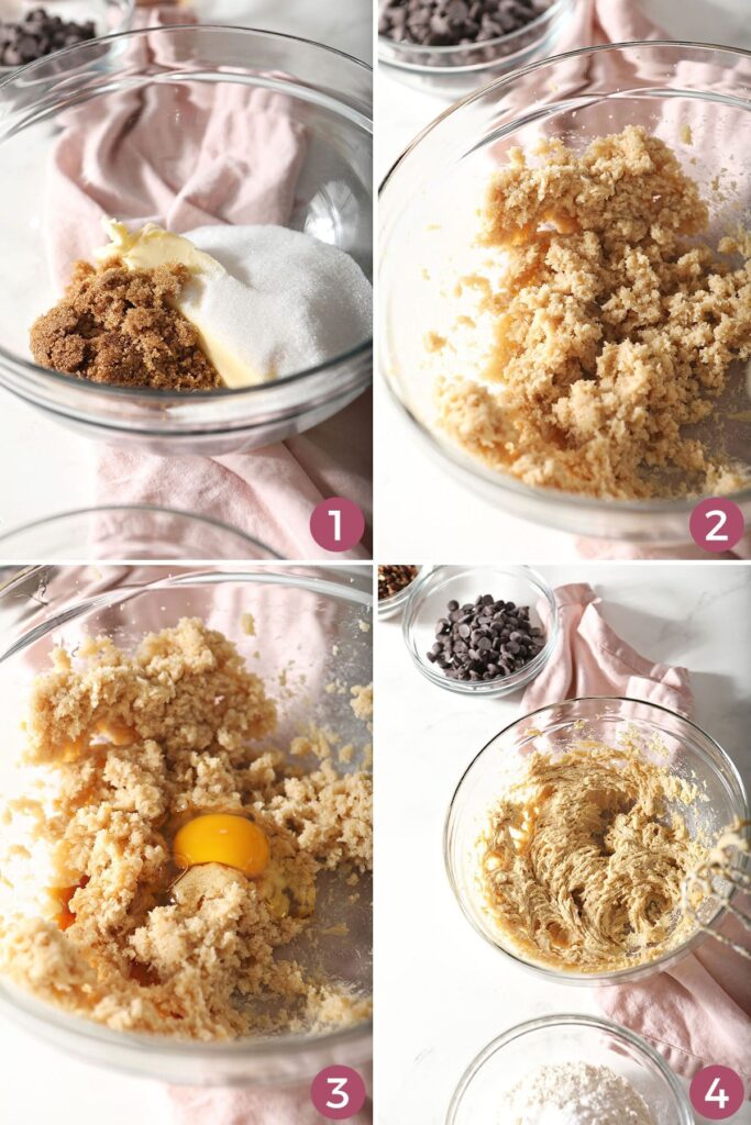 Collage showing how to mix dry ingredients for chocolate chip cookies