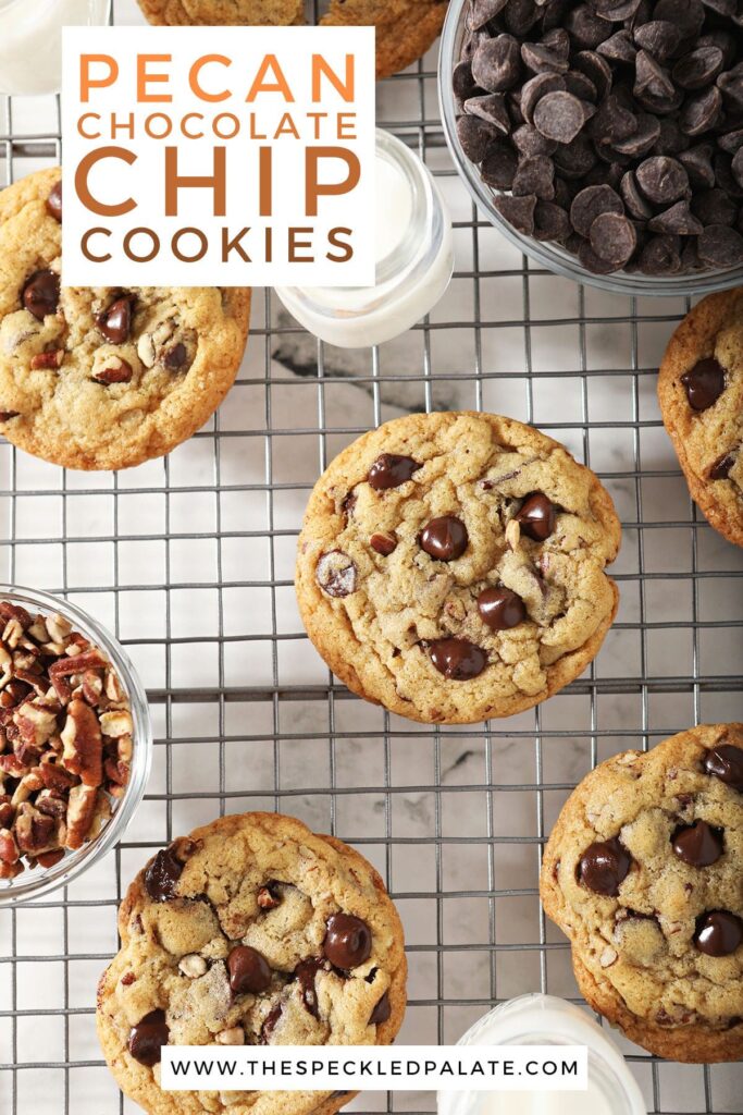 Cookies on a cooling rack with the text pecan chocolate chip cookies