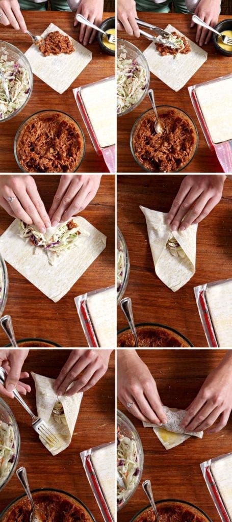 Step by step pictures putting together pulled pork eggrolls 