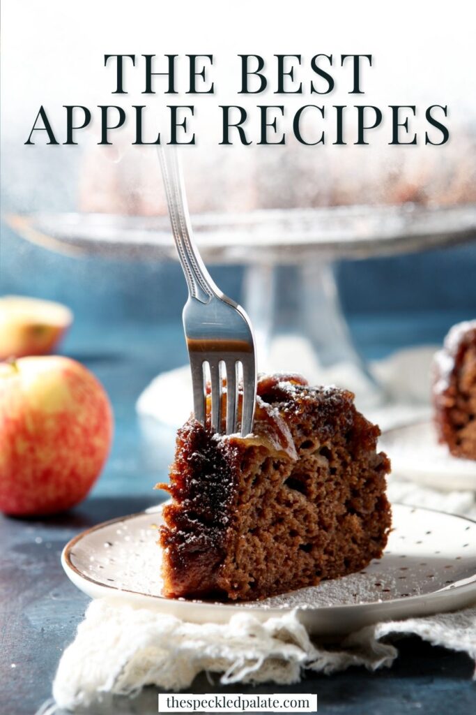 A fork cuts into a slice of apple cake with the text "The Best Apple Recipes."