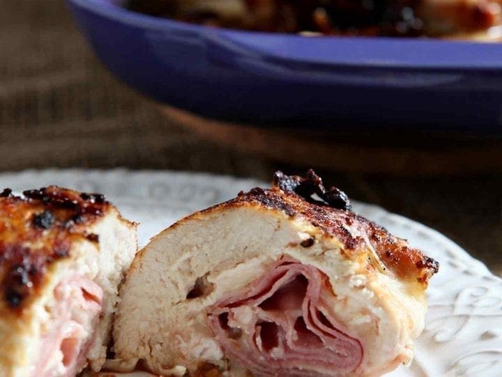 chicken cordon bleu on a white plate