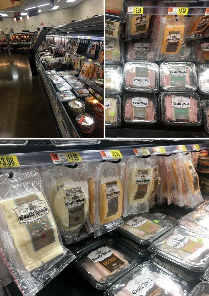 Packages of hams and cheeses in grocery aisle 