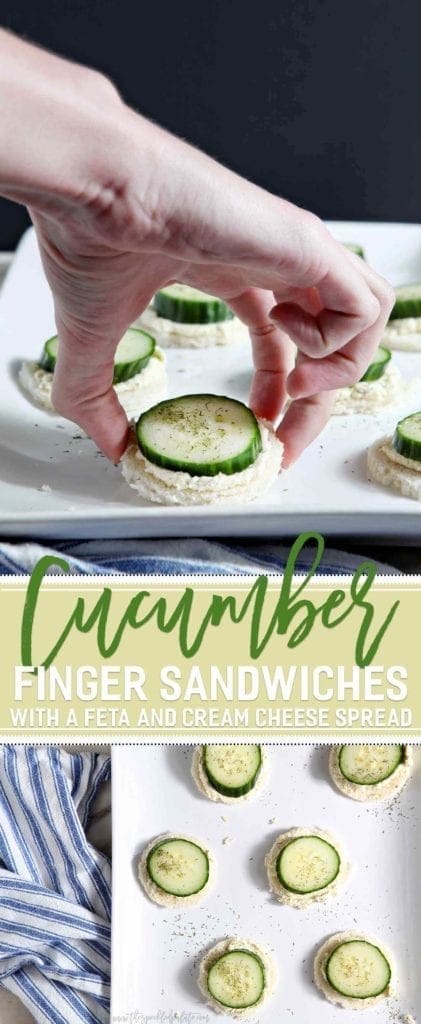 Hand holding a cucumber finger sandwich on white platter 