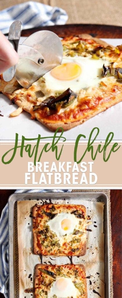 Hatch Chile Breakfast Flatbread sliced with pizza cutter on baking sheet 