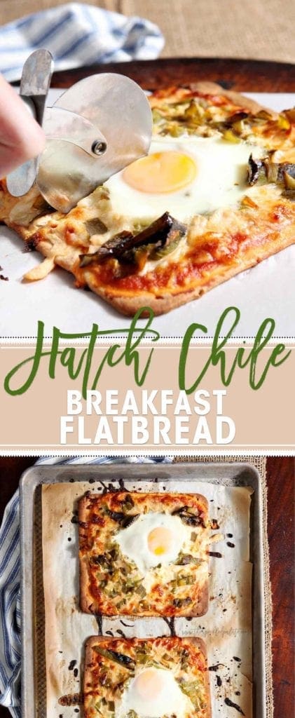 Hatch Chile Breakfast Flatbread sliced with pizza cutter on baking sheet 