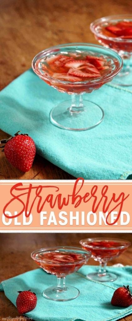 Glasses of Old Fashioned with strawberries on teal linens 