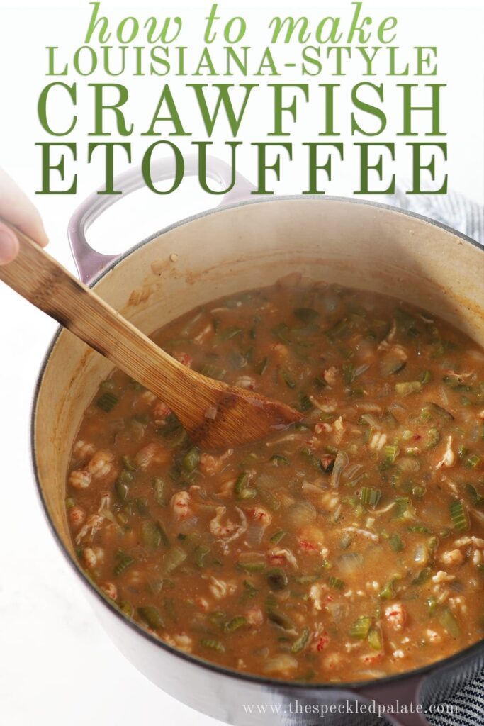 A wooden spoon stirs crawfish etouffee in a pot, with the text "how to make louisiana-style crawfish etouffee"